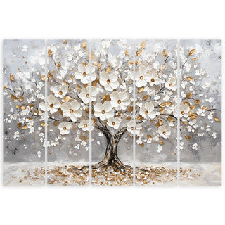 Penkių dalių paveikslas ant drobės, Žydintis auksinis prabangus medis Paveikslai ant drobės Gera namie - Geranamie.lt