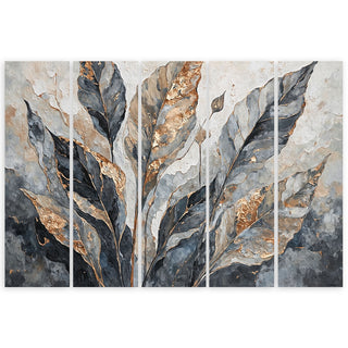 Penkių dalių paveikslas ant drobės, Pilki auksiniai bananų lapai Paveikslai ant drobės Gera namie - Geranamie.lt