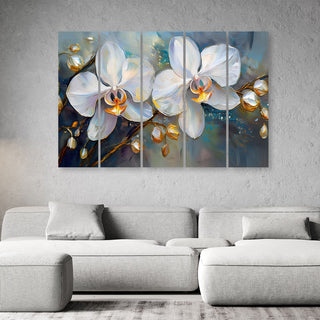 Penkių dalių paveikslas ant drobės, Baltos subtilios orchidėjos melsvame fone Paveikslai ant drobės Gera namie - Geranamie.lt