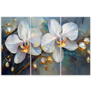Trijų dalių paveikslas ant drobės, Baltos subtilios orchidėjos melsvame fone Paveikslai ant drobės Gera namie - Geranamie.lt