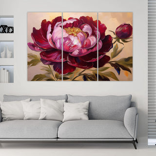 Trijų dalių paveikslas ant drobės, Tapytas bordo bijūno žiedas Paveikslai ant drobės Gera namie - Geranamie.lt