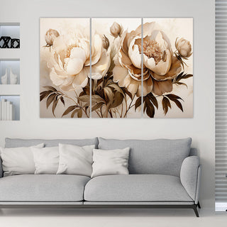 Trijų dalių paveikslas ant drobės, Bijūnai sepia spalvoje Paveikslai ant drobės Gera namie - Geranamie.lt