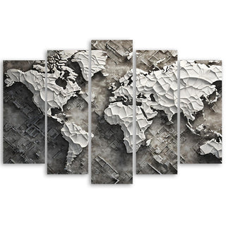 Penkių dalių paveikslas ant drobės, Pilkas pasaulio žemėlapis raštuose Paveikslai ant drobės Gera namie - Geranamie.lt