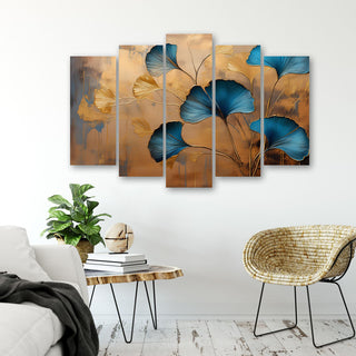 Penkių dalių paveikslas ant drobės, Mėlyni ginkmedžio lapai aukso prabangoje Paveikslai ant drobės Gera namie - Geranamie.lt