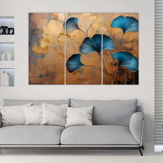 Trijų dalių paveikslas ant drobės, Mėlyni ginkmedžio lapai aukso prabangoje Paveikslai ant drobės Gera namie - Geranamie.lt
