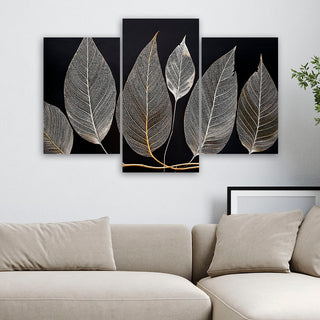 Trijų dalių paveikslas ant drobės, Šakelė su subtiliais lapais juodame fone Paveikslai ant drobės Gera namie - Geranamie.lt