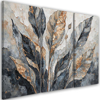 Trijų dalių paveikslas ant drobės, Pilki auksiniai bananų lapai Paveikslai ant drobės Gera namie - Geranamie.lt