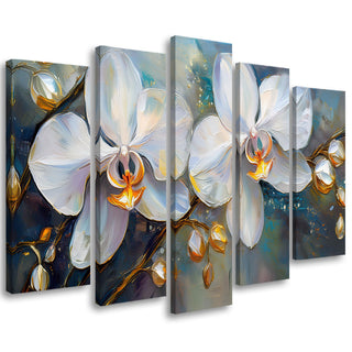 Penkių dalių paveikslas ant drobės, Subtilių orchidėjų žiedai Paveikslai ant drobės Gera namie - Geranamie.lt
