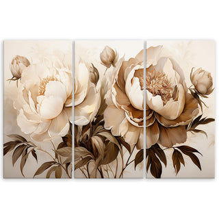 Trijų dalių paveikslas ant drobės, Bijūnai sepia spalvoje Paveikslai ant drobės Gera namie - Geranamie.lt