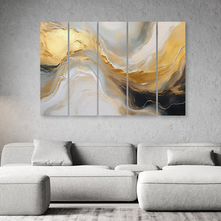 Penkių dalių paveikslas ant drobės, Marmuro abstrakcija auksinė šviesi Paveikslai ant drobės Gera namie - Geranamie.lt