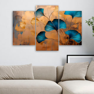 Trijų dalių paveikslas ant drobės, Mėlyni ginkmedžio lapai aukso prabangoje Paveikslai ant drobės Gera namie - Geranamie.lt