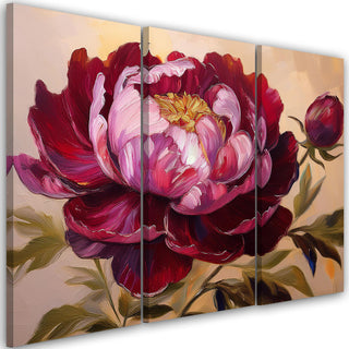 Trijų dalių paveikslas ant drobės, Tapytas bordo bijūno žiedas Paveikslai ant drobės Gera namie - Geranamie.lt