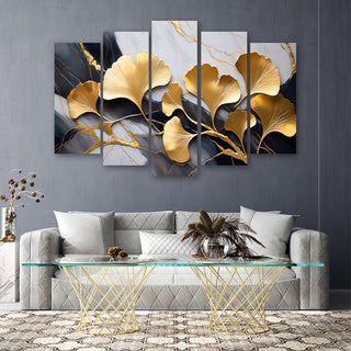 Penkių dalių paveikslas ant drobės, Ginkmedžio lapai marmuro fone Paveikslai ant drobės Gera namie - Geranamie.lt