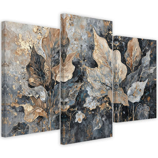 Trijų dalių paveikslas ant drobės, Pilkų auksinių glamūrinių lapų magija Paveikslai ant drobės Gera namie - Geranamie.lt