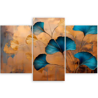 Trijų dalių paveikslas ant drobės, Mėlyni ginkmedžio lapai aukso prabangoje Paveikslai ant drobės Gera namie - Geranamie.lt
