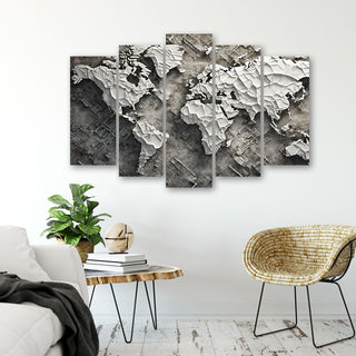 Penkių dalių paveikslas ant drobės, Pilkas pasaulio žemėlapis raštuose Paveikslai ant drobės Gera namie - Geranamie.lt