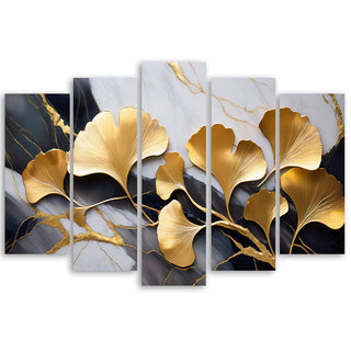 Penkių dalių paveikslas ant drobės, Ginkmedžio lapai marmuro fone Paveikslai ant drobės Gera namie - Geranamie.lt