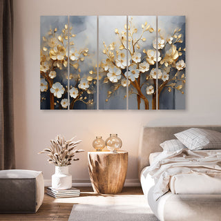 Penkių dalių paveikslas ant drobės, Žydintis auksinis medis Paveikslai ant drobės Gera namie - Geranamie.lt