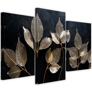 Trijų dalių paveikslas ant drobės, Lapų žavesys juodame fone Paveikslai ant drobės Gera namie - Geranamie.lt