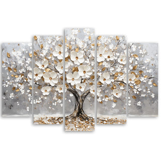 Penkių dalių paveikslas ant drobės, Žydintis auksinis medis baltuose žieduose Paveikslai ant drobės Gera namie - Geranamie.lt