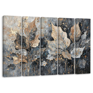 Penkių dalių paveikslas ant drobės, Pilki auksiniai glamūriniai lapai Paveikslai ant drobės Gera namie - Geranamie.lt
