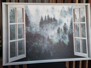 Paveikslas ant drobės, Ūkanotas miškas vaizdas pro langą išpardavimas Paveikslai ant drobės Gera namie - Geranamie.lt