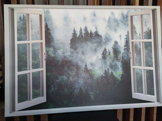 Paveikslas ant drobės, Ūkanotas miškas vaizdas pro langą išpardavimas Paveikslai ant drobės Gera namie - Geranamie.lt