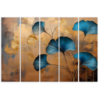 Penkių dalių paveikslas ant drobės, Mėlyni ginkmedžio lapai auksiniame fone Paveikslai ant drobės Gera namie - Geranamie.lt