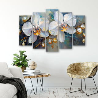 Penkių dalių paveikslas ant drobės, Subtilių orchidėjų žiedai Paveikslai ant drobės Gera namie - Geranamie.lt