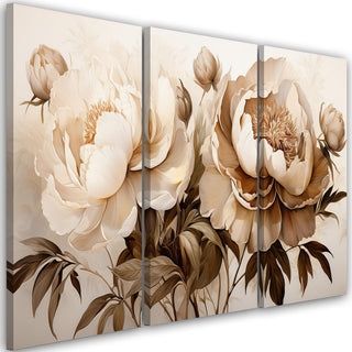 Trijų dalių paveikslas ant drobės, Bijūnai sepia spalvoje Paveikslai ant drobės Gera namie - Geranamie.lt