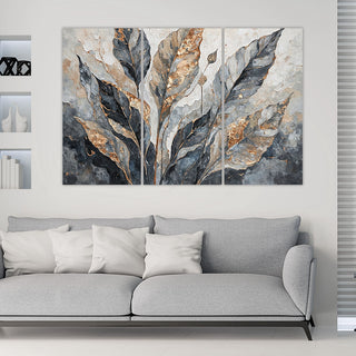 Trijų dalių paveikslas ant drobės, Pilki auksiniai bananų lapai Paveikslai ant drobės Gera namie - Geranamie.lt