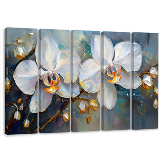 Penkių dalių paveikslas ant drobės, Baltos subtilios orchidėjos melsvame fone Paveikslai ant drobės Gera namie - Geranamie.lt