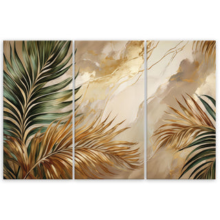 Trijų dalių paveikslas ant drobės, Palmių lapai auksinio marmuro fone Paveikslai ant drobės Gera namie - Geranamie.lt