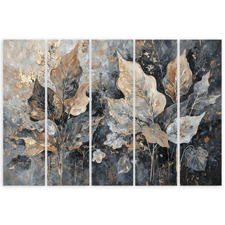 Penkių dalių paveikslas ant drobės, Pilki auksiniai glamūriniai lapai Paveikslai ant drobės Gera namie - Geranamie.lt