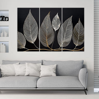 Trijų dalių paveikslas ant drobės, Lapai ant šakos juodame fone Paveikslai ant drobės Gera namie - Geranamie.lt
