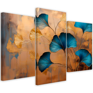 Trijų dalių paveikslas ant drobės, Mėlyni ginkmedžio lapai aukso prabangoje Paveikslai ant drobės Gera namie - Geranamie.lt