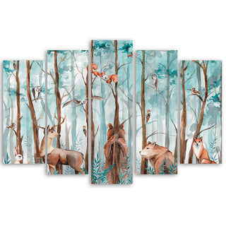 Penkių dalių paveikslas ant drobės, Miško gyvūnai žydrame fone Paveikslai ant drobės Gera namie - Geranamie.lt