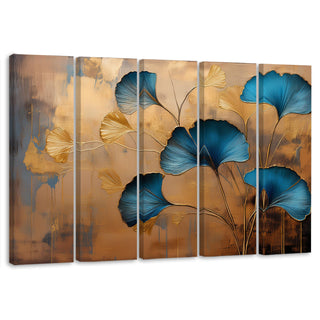 Penkių dalių paveikslas ant drobės, Mėlyni ginkmedžio lapai auksiniame fone Paveikslai ant drobės Gera namie - Geranamie.lt
