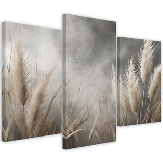 Trijų dalių paveikslas ant drobės, Nendrių šokio magija pilkame fone Paveikslai ant drobės Gera namie - Geranamie.lt