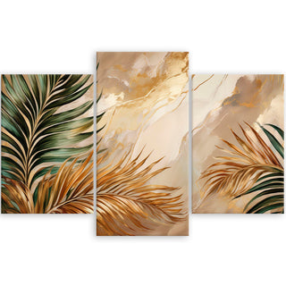 Trijų dalių paveikslas ant drobės, Prabangūs palmių lapai auksinio marmuro fone Paveikslai ant drobės Gera namie - Geranamie.lt
