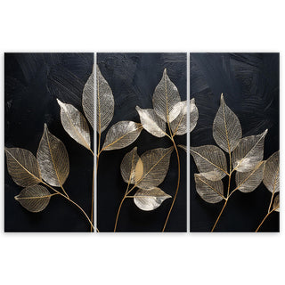 Trijų dalių paveikslas ant drobės, Auksiniai lapai juodame fone Paveikslai ant drobės Gera namie - Geranamie.lt