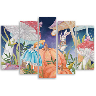 Penkių dalių paveikslas ant drobės, Mažoji Alisa stebuklų žemėje mėlyna Paveikslai ant drobės Gera namie - Geranamie.lt