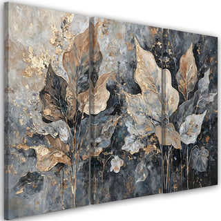 Trijų dalių paveikslas ant drobės, Pilki auksiniai glamūriniai lapai Paveikslai ant drobės Gera namie - Geranamie.lt