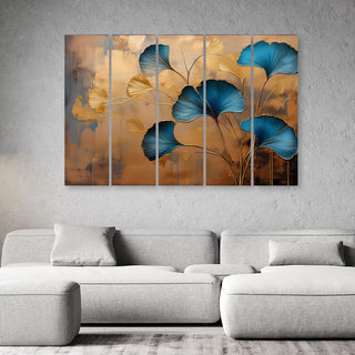 Penkių dalių paveikslas ant drobės, Mėlyni ginkmedžio lapai auksiniame fone Paveikslai ant drobės Gera namie - Geranamie.lt