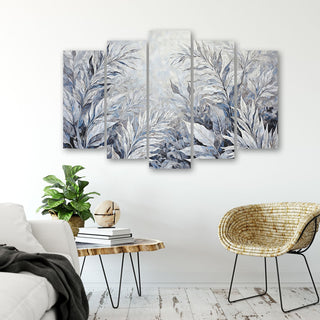 Penkių dalių paveikslas ant drobės, Subtilūs lapai pilkame šokyje Paveikslai ant drobės Gera namie - Geranamie.lt