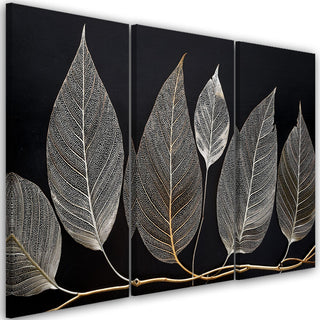 Trijų dalių paveikslas ant drobės, Lapai ant šakos juodame fone Paveikslai ant drobės Gera namie - Geranamie.lt