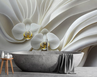 Fototapetai, Balta abstrakcija ir orchidėjos 3D Tapetai Gera namie - Geranamie.lt