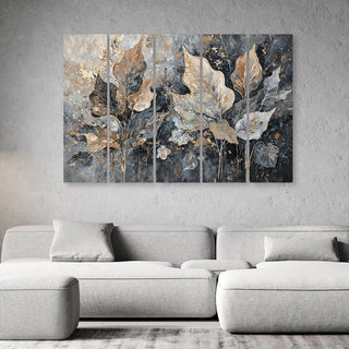 Penkių dalių paveikslas ant drobės, Pilki auksiniai glamūriniai lapai Paveikslai ant drobės Gera namie - Geranamie.lt