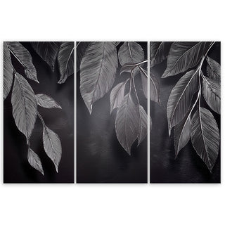 Trijų dalių paveikslas ant drobės, Lapai juodame fone minimalistinis Paveikslai ant drobės Gera namie - Geranamie.lt