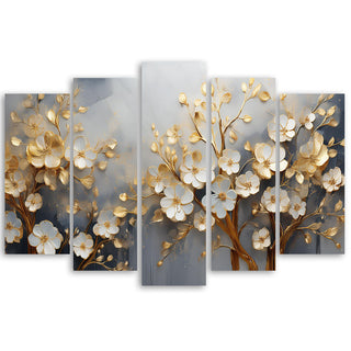 Penkių dalių paveikslas ant drobės, Žydintis auksinis vyšnios medis Paveikslai ant drobės Gera namie - Geranamie.lt